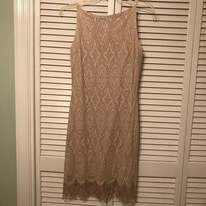 Sleeveless Gold Lace Dress with Fringe
